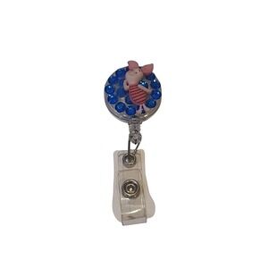 Disney Piglet Winnie the Pooh Retractable Badge Reel Blue Rhinestone ID Holder‎